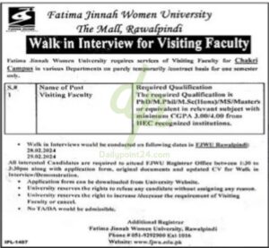 Official Advertisement of Fatima Jinnah Women University FJWU Rawalpindi Jobs 2024 Walk-in Interviews