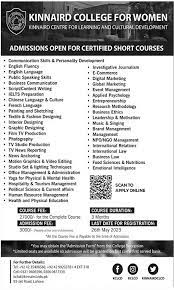 Kinnaird College For Women KINNAIRD Lahore Admissions 2024 for Multiple Short Courses  Kinnaird College For Women (KINNAIRD) Lahore Admissions 2024 has announced multiple Short Courses degree programs.